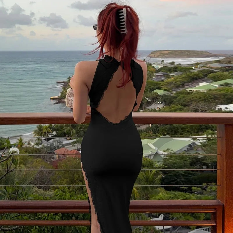 2026 Summer Women Lace Trim Split Dress Sexy Backless Sleeveless Long Dress Party Maxi Dress