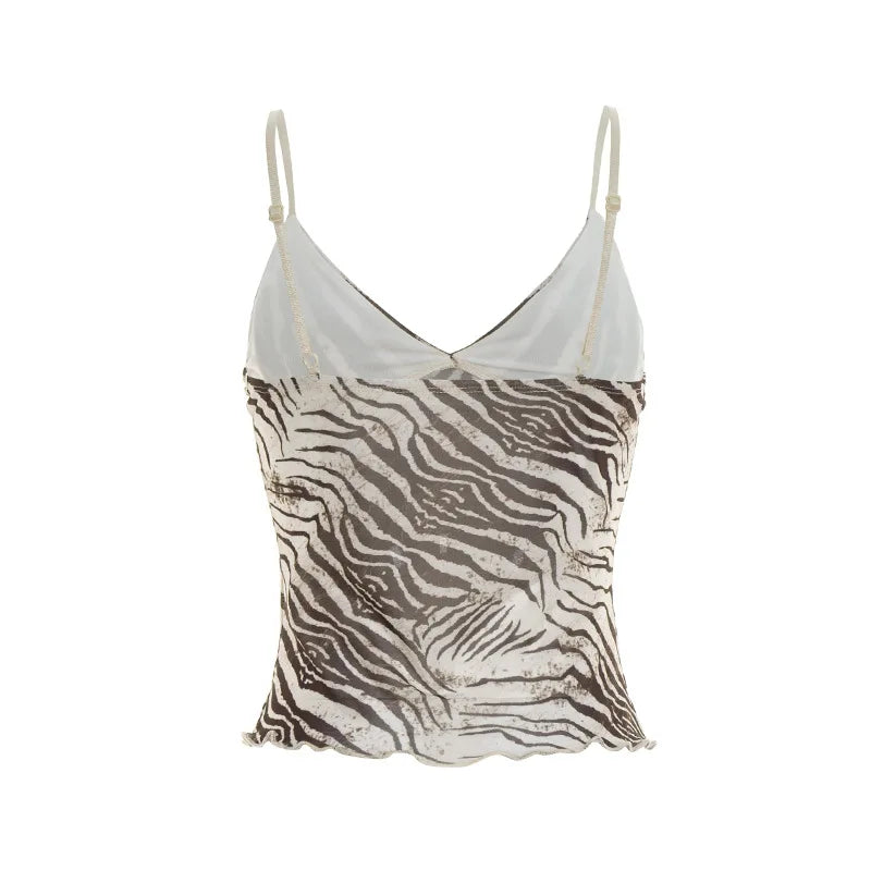Women Summer Mesh Zebra Print V Neck Mesh Cami Tops