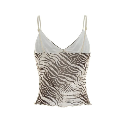 Women Summer Mesh Zebra Print V Neck Mesh Cami Tops