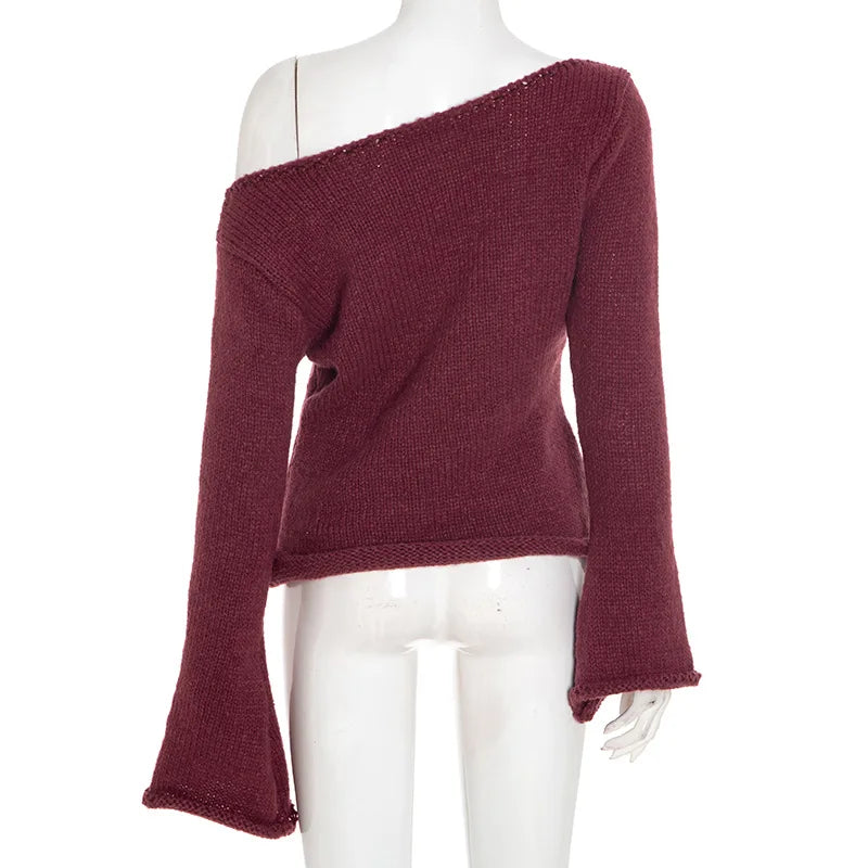 Casual Pullover Women Long Sleeve Y2K Knitted Sweater Tops Sexy Off Shoulder Club Fashion 2025 Winter Jumpers Sweater