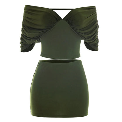 Summer Vintage Elegant 2 Piece Set Women One Shoulder Off Backless Ruched Waist Pleated Casual Suit