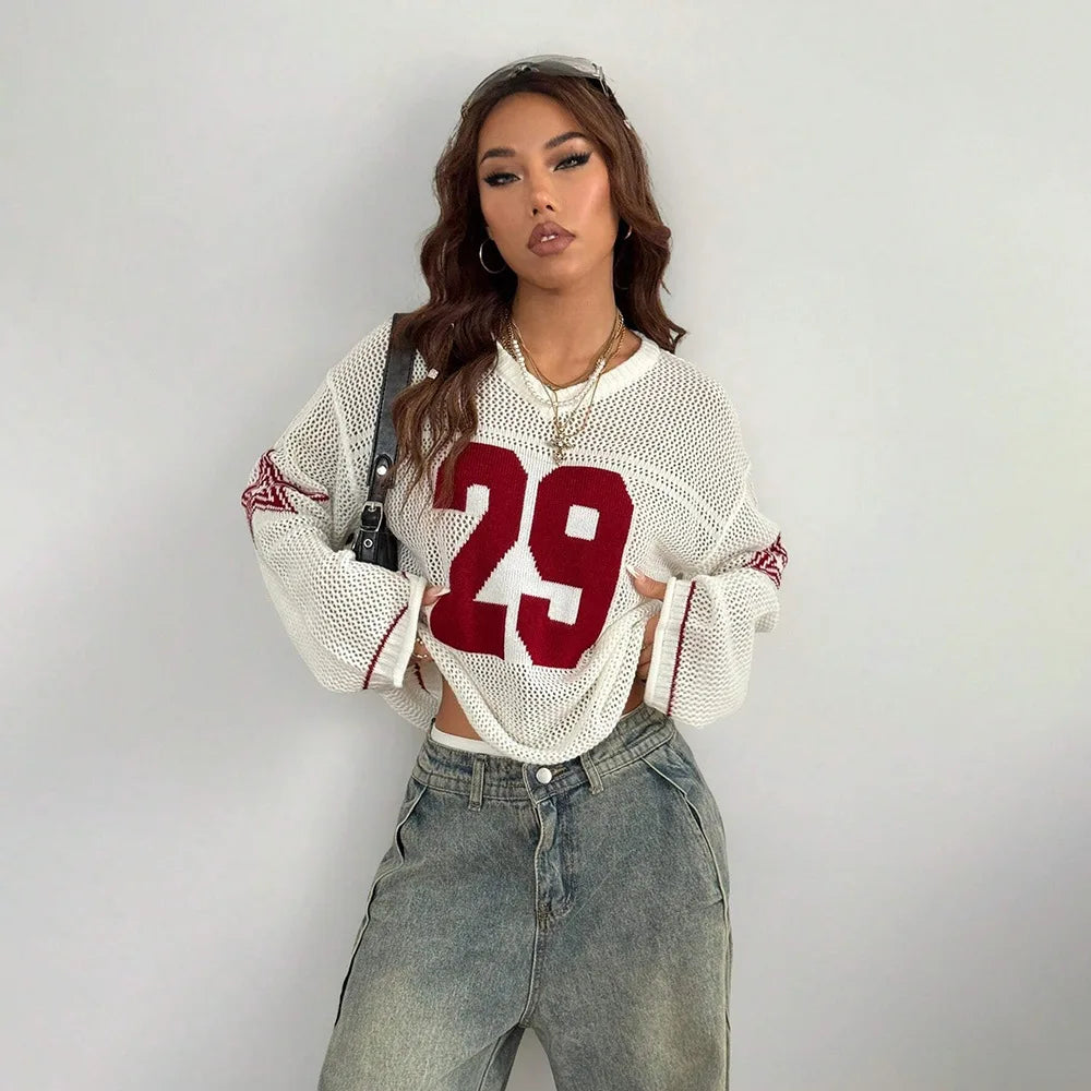 Y2K Style Sports Jersey Women's Knitted Tops Fashionable Digital Printed Round Neck Long Sleeve Jumper 2025 Summer Street Trend