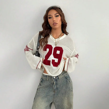 Y2K Style Sports Jersey Women's Knitted Tops Fashionable Digital Printed Round Neck Long Sleeve Jumper 2025 Summer Street Trend