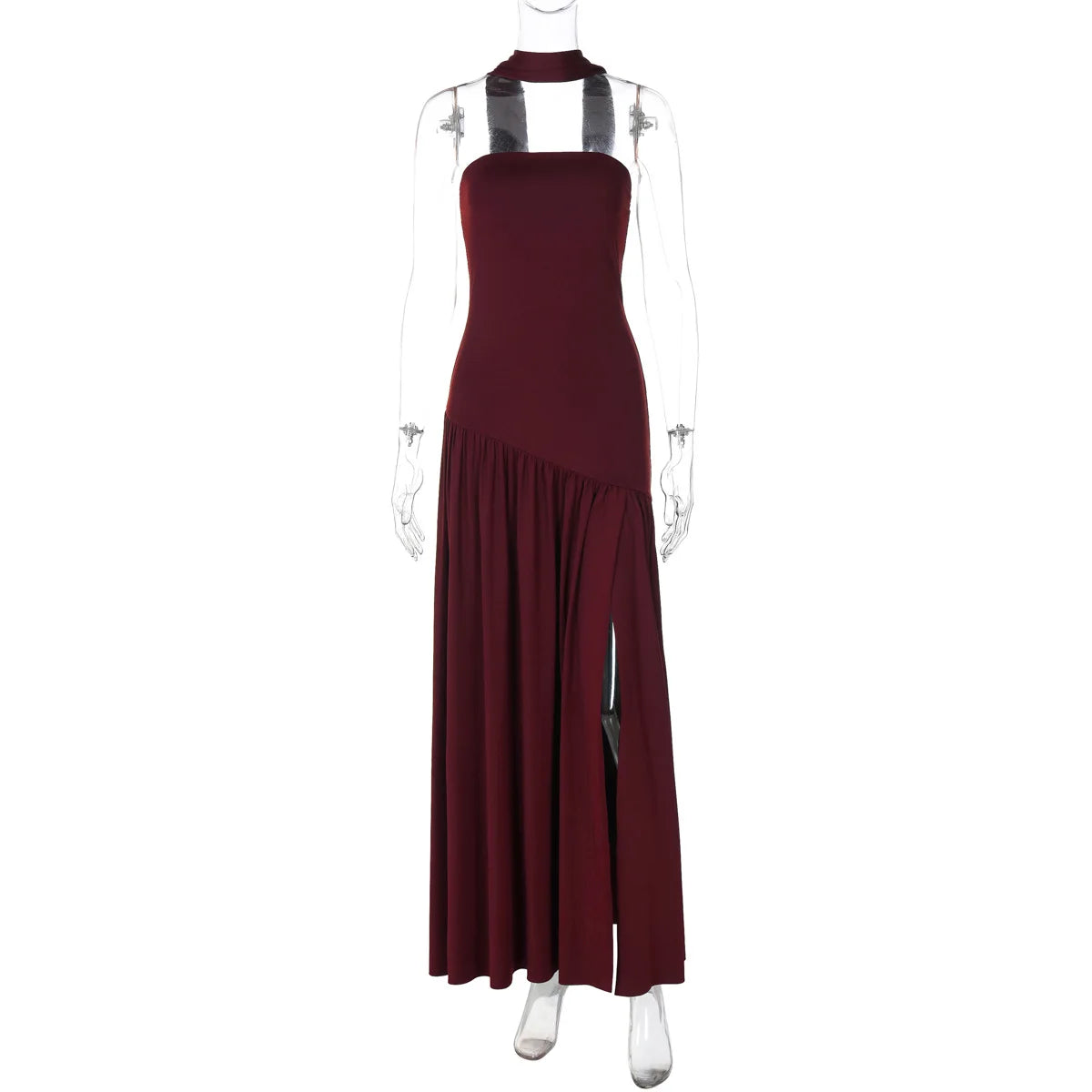 Women Solid Color Strapless Dress Slim Fit Split Backless Elegant Ribbon Midi Dress Fashion Evening Party Formal Dresses