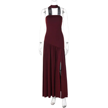 Women Solid Color Strapless Dress Slim Fit Split Backless Elegant Ribbon Midi Dress Fashion Evening Party Formal Dresses