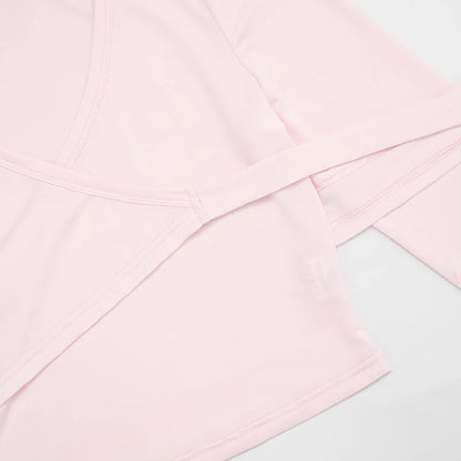 Autumn New Women Two Piece Set Solid Color Wrap Tie Long Sleeve Top Shorts Casual Outfit Suit