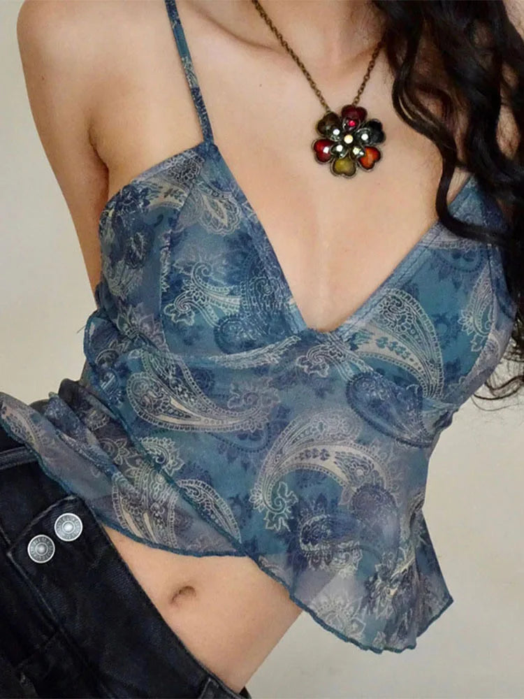 Mesh See Through Printed Vest Women Sexy Casual V-neck Sleeveless Suspender Camisole Patchwork Tank Top Streetwear