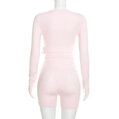 Autumn New Women Two Piece Set Solid Color Wrap Tie Long Sleeve Top Shorts Casual Outfit Suit