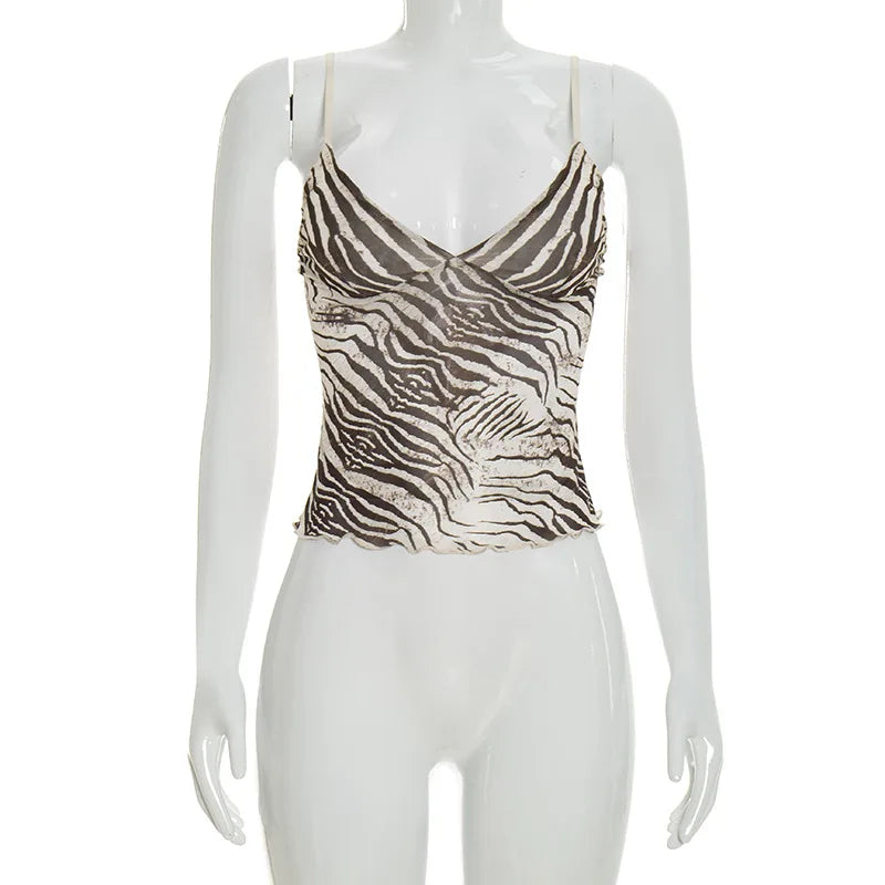 Women Summer Mesh Zebra Print V Neck Mesh Cami Tops