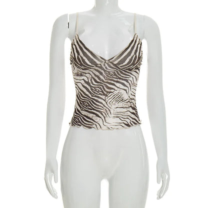 Women Summer Mesh Zebra Print V Neck Mesh Cami Tops