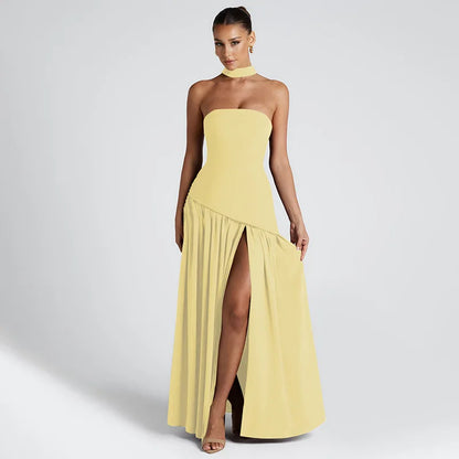 Women Solid Color Strapless Dress Slim Fit Split Backless Elegant Ribbon Midi Dress Fashion Evening Party Formal Dresses