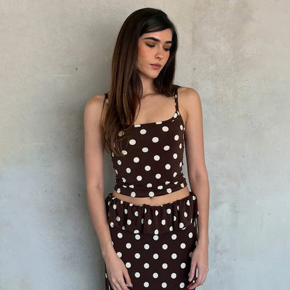 2026 Summer Women Hot Girl Polka Dot Cami Skirt Set Ruffle Split Hem Midi Skirt Two Piece Outfit Trendy Female Holiday Beach Mat