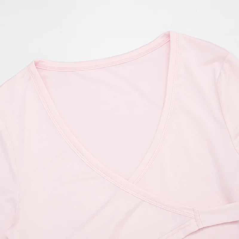 Autumn New Women Two Piece Set Solid Color Wrap Tie Long Sleeve Top Shorts Casual Outfit Suit