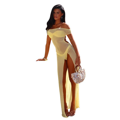 Women Summer Sexy Bandeau Mesh Perspective Split Long Dress Set Sheer See Through 2 Piece Outfit