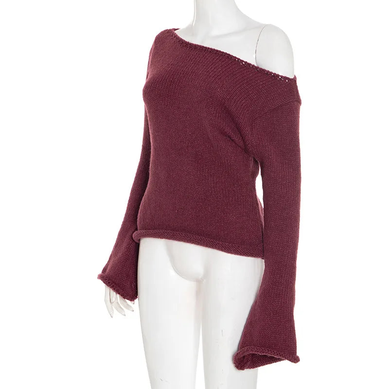 Casual Pullover Women Long Sleeve Y2K Knitted Sweater Tops Sexy Off Shoulder Club Fashion 2025 Winter Jumpers Sweater