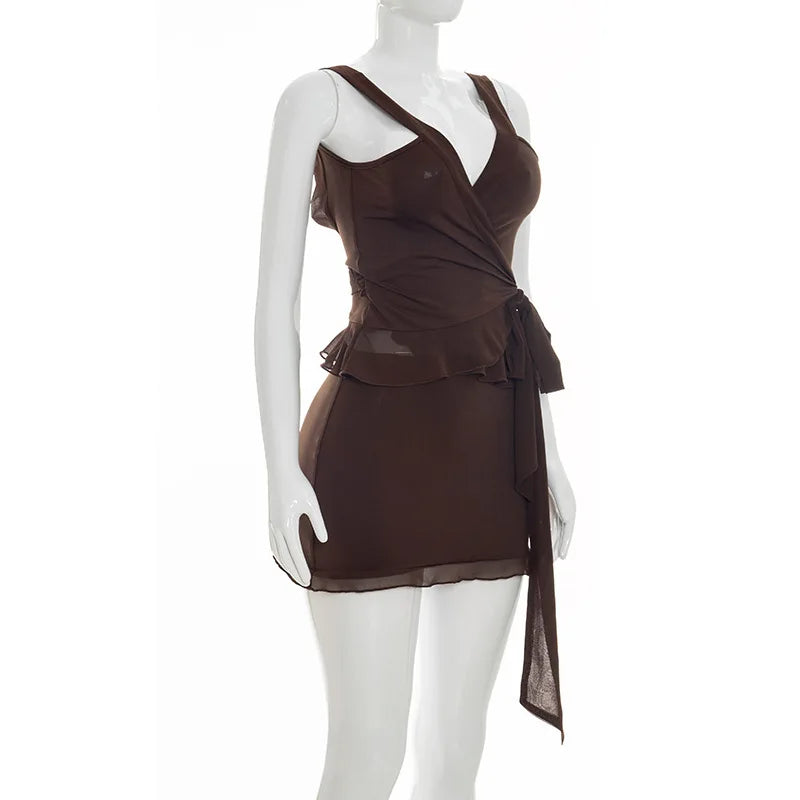 Summer Women 2 Piece Dress Set Lace Trim Camisole Backless Bandage Mini Dress Casual Party Sundress