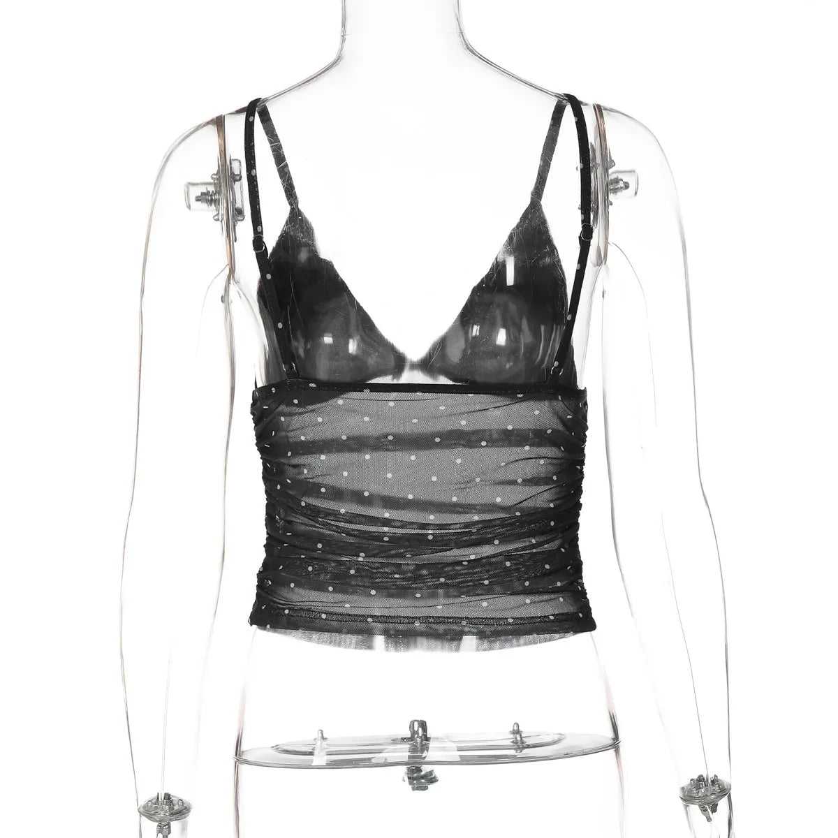 2026 Summer Women Sexy V Neck Polka Dot Mesh Spliced Camisole Slim Fit Sleeveless Tank Tops Casual Vest