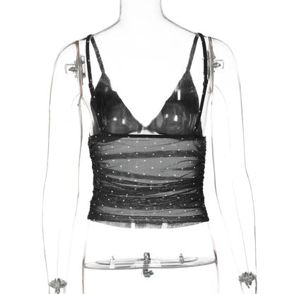 2026 Summer Women Sexy V Neck Polka Dot Mesh Spliced Camisole Slim Fit Sleeveless Tank Tops Casual Vest