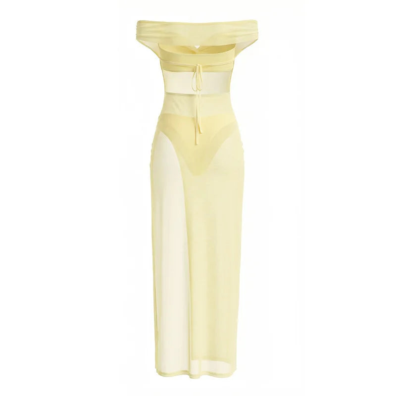 Women Summer Sexy Bandeau Mesh Perspective Split Long Dress Set Sheer See Through 2 Piece Outfit