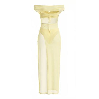 Women Summer Sexy Bandeau Mesh Perspective Split Long Dress Set Sheer See Through 2 Piece Outfit