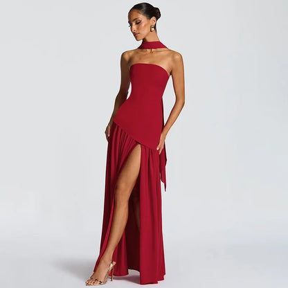 Women Solid Color Strapless Dress Slim Fit Split Backless Elegant Ribbon Midi Dress Fashion Evening Party Formal Dresses