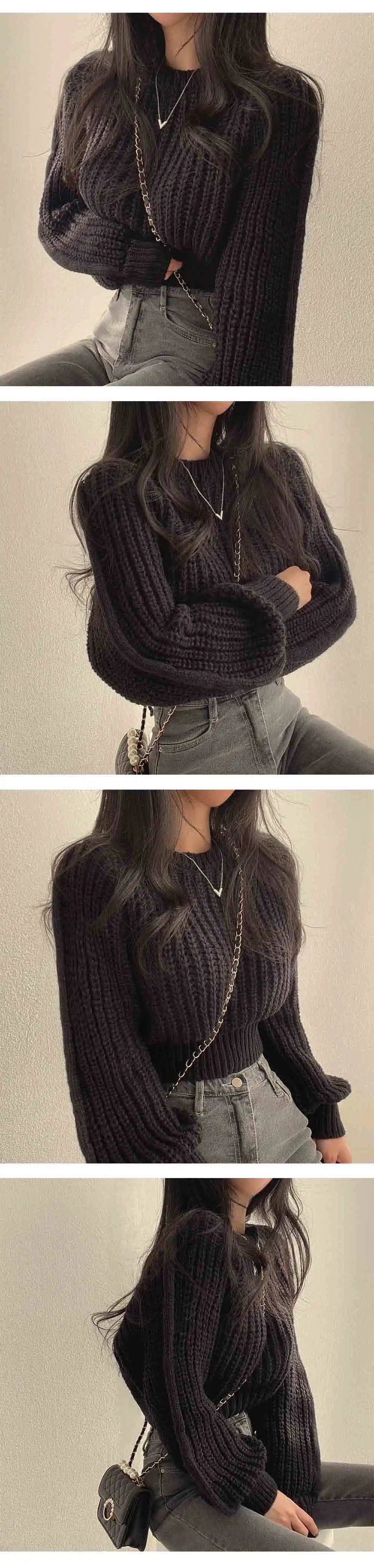 Loose Vintage Harajuku Lantern Long Sleeve Women Sweater Korean Autumn Winter Knitwear Soft Warm Tops Chic Solid Femme Sweater