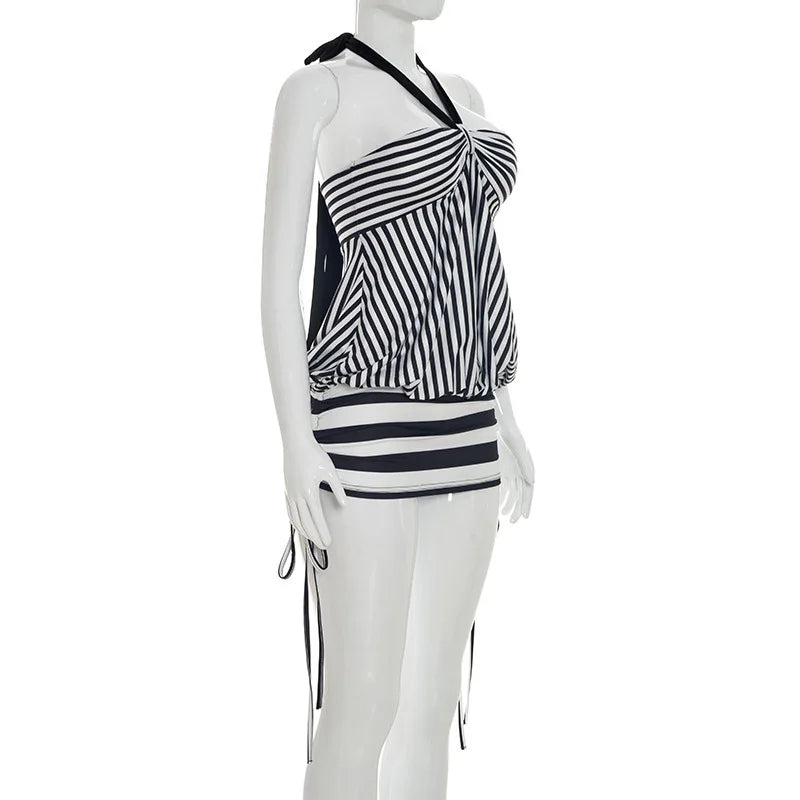 Women Summer Sexy Strapless Striped Bandage Waist Mini Dress Slim Bodycon Short Party Dresses