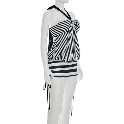 Women Summer Sexy Strapless Striped Bandage Waist Mini Dress Slim Bodycon Short Party Dresses