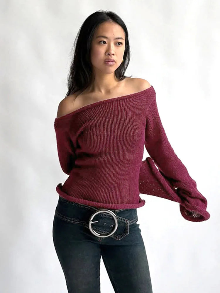 Casual Pullover Women Long Sleeve Y2K Knitted Sweater Tops Sexy Off Shoulder Club Fashion 2025 Winter Jumpers Sweater
