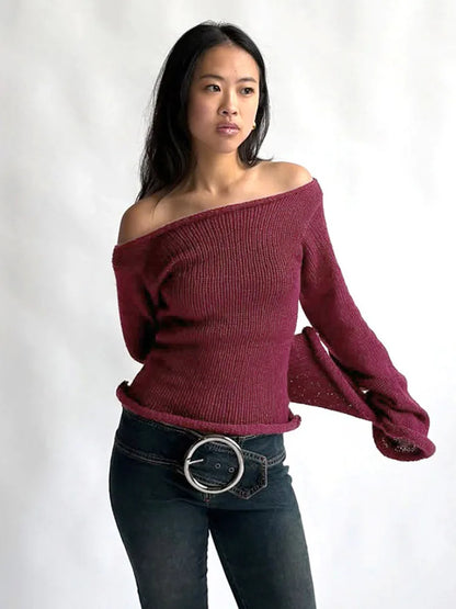 Casual Pullover Women Long Sleeve Y2K Knitted Sweater Tops Sexy Off Shoulder Club Fashion 2025 Winter Jumpers Sweater