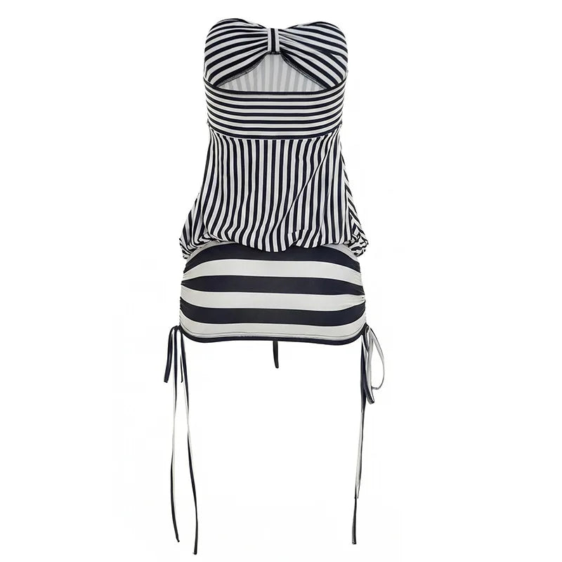 Women Summer Sexy Strapless Striped Bandage Waist Mini Dress Slim Bodycon Short Party Dresses