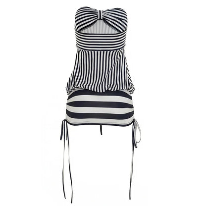 Women Summer Sexy Strapless Striped Bandage Waist Mini Dress Slim Bodycon Short Party Dresses