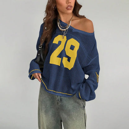 Y2K Style Sports Jersey Women's Knitted Tops Fashionable Digital Printed Round Neck Long Sleeve Jumper 2025 Summer Street Trend