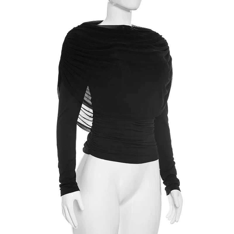 2026 Spring Summer Women Long Sleeve T-Shirt Draped Collar Pleated Shawl Slim Fit Stretch Tops Elegant Casual Daily Wear Top