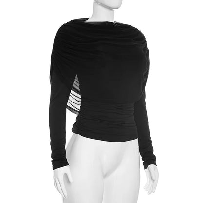 2026 Spring Summer Women Long Sleeve T-Shirt Draped Collar Pleated Shawl Slim Fit Stretch Tops Elegant Casual Daily Wear Top