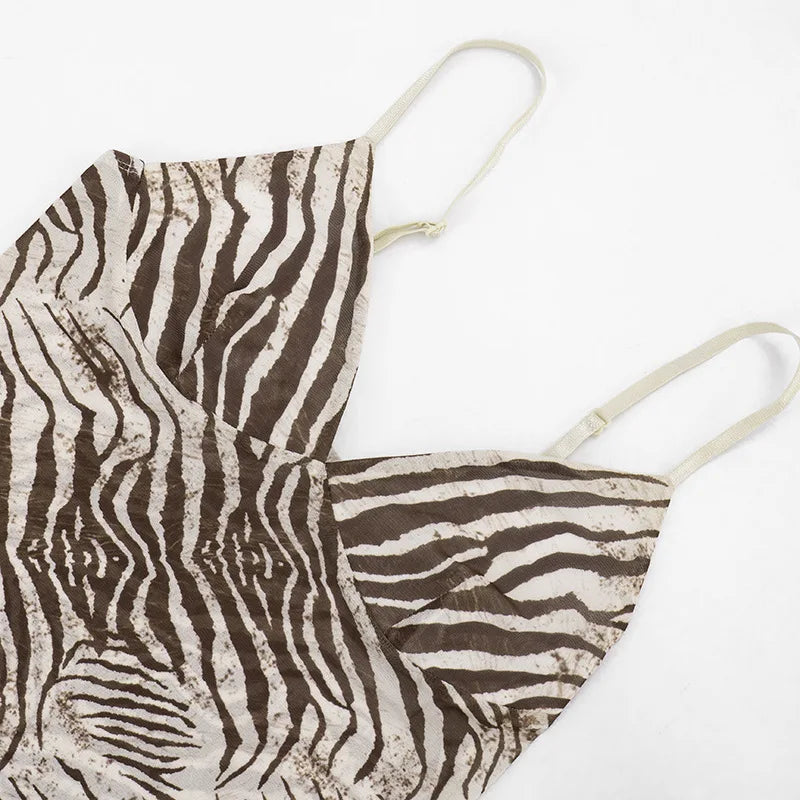 Women Summer Mesh Zebra Print V Neck Mesh Cami Tops