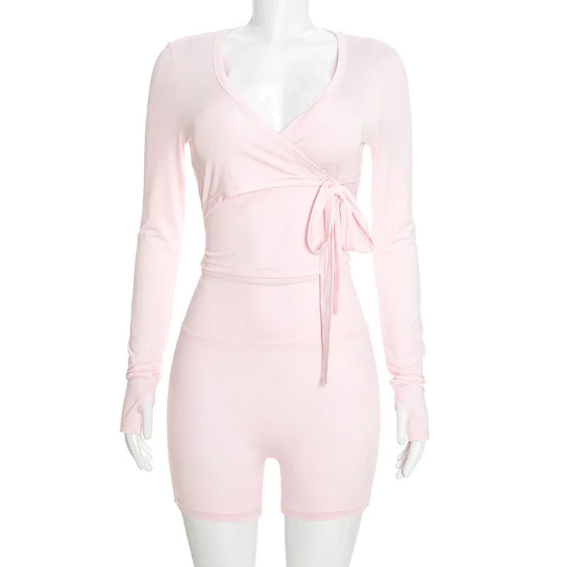 Autumn New Women Two Piece Set Solid Color Wrap Tie Long Sleeve Top Shorts Casual Outfit Suit