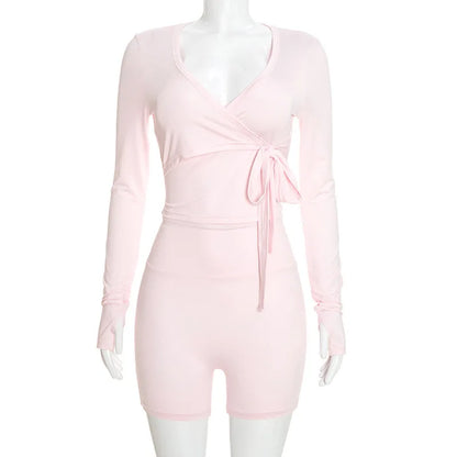 Autumn New Women Two Piece Set Solid Color Wrap Tie Long Sleeve Top Shorts Casual Outfit Suit