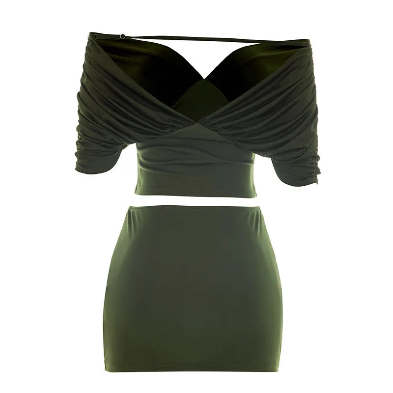 Summer Vintage Elegant 2 Piece Set Women One Shoulder Off Backless Ruched Waist Pleated Casual Suit