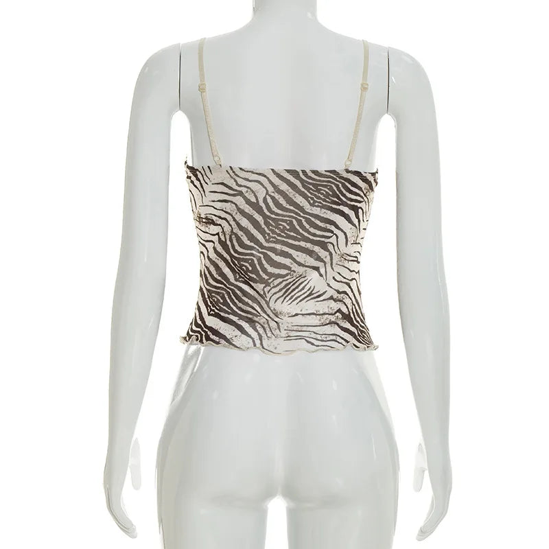 Women Summer Mesh Zebra Print V Neck Mesh Cami Tops