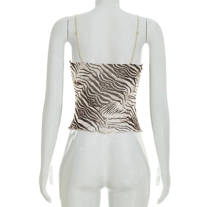 Women Summer Mesh Zebra Print V Neck Mesh Cami Tops