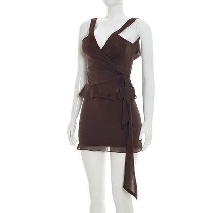 Summer Women 2 Piece Dress Set Lace Trim Camisole Backless Bandage Mini Dress Casual Party Sundress