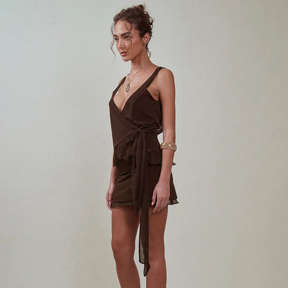 Summer Women 2 Piece Dress Set Lace Trim Camisole Backless Bandage Mini Dress Casual Party Sundress
