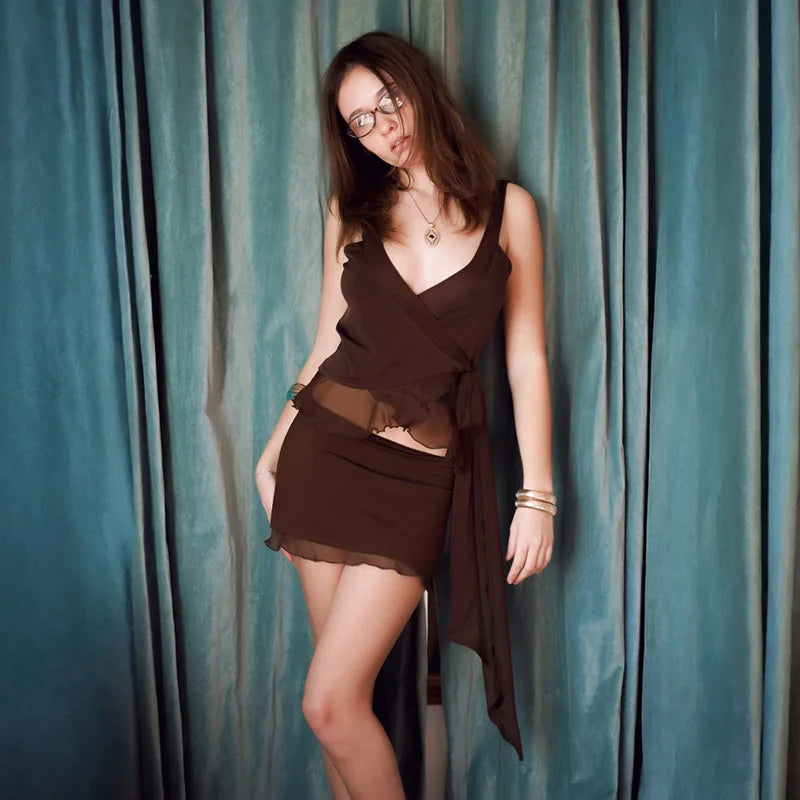 Summer Women 2 Piece Dress Set Lace Trim Camisole Backless Bandage Mini Dress Casual Party Sundress