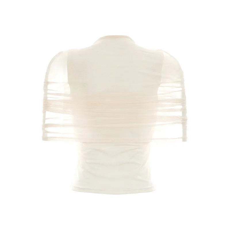 Women Spring Summer Pullover Cap Sleeve Ruched Mesh Patchwork Tops Slim Spliced Sheer Top