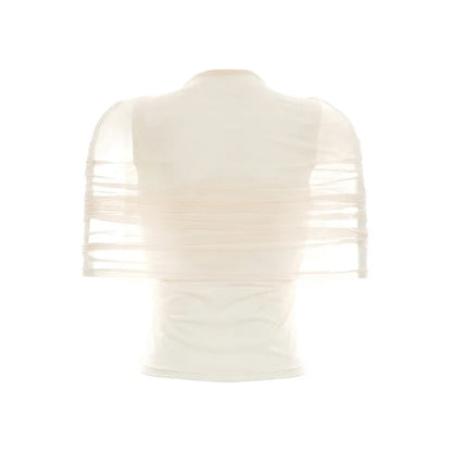 Women Spring Summer Pullover Cap Sleeve Ruched Mesh Patchwork Tops Slim Spliced Sheer Top