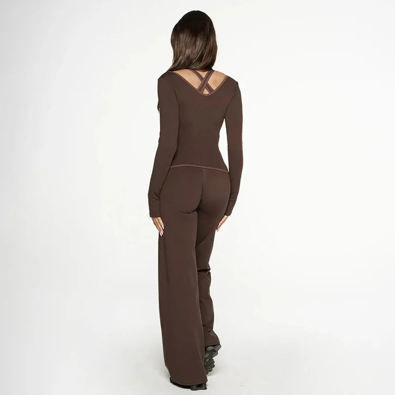 Cross Border Autumn Women's Clothing From Europe And America, New Color Blocking V-neck Long Sleeved Straight Leg Pants Set For