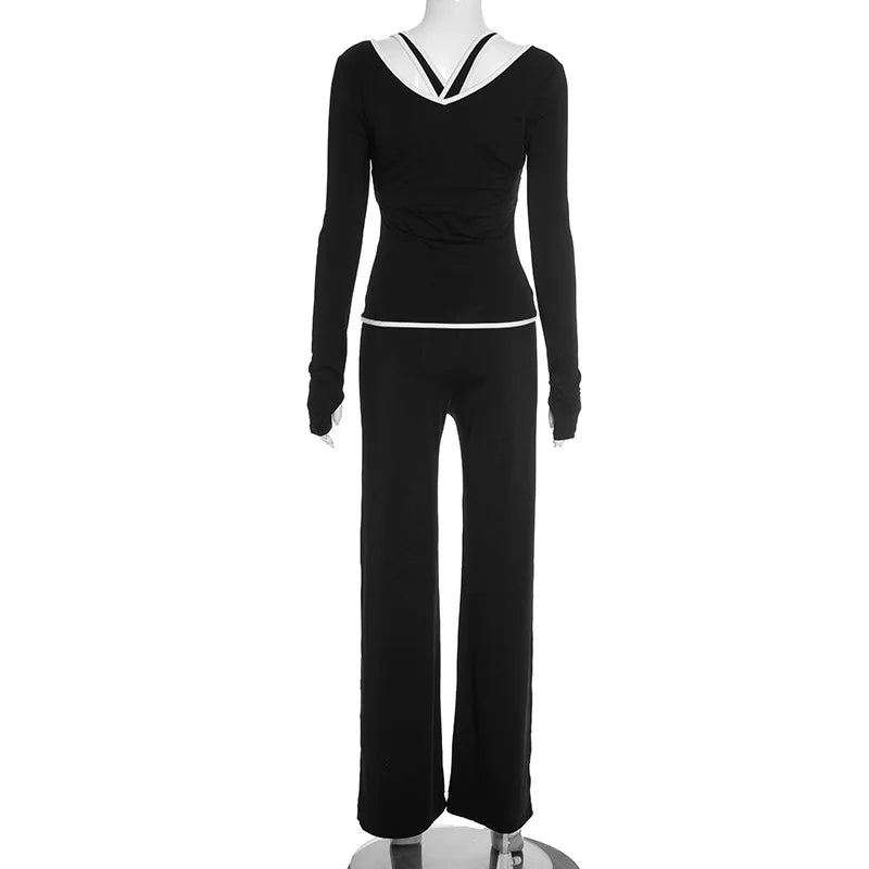 Cross Border Autumn Women's Clothing From Europe And America, New Color Blocking V-neck Long Sleeved Straight Leg Pants Set For