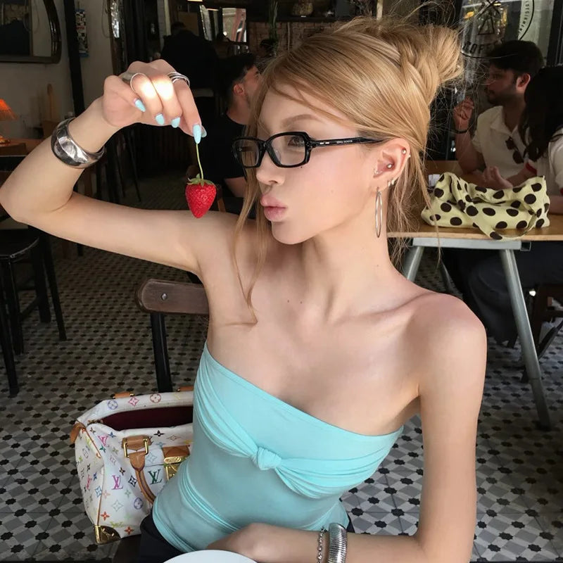 Women Solid Color Strapless Tube Top Sexy Tie Front Waist Shaping Crop T-shirt Summer Beach Vacation Spicy Girl Slim Fit Sleevel