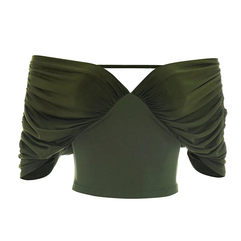 Summer Vintage Elegant 2 Piece Set Women One Shoulder Off Backless Ruched Waist Pleated Casual Suit
